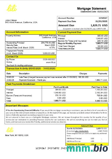USA Lili Bank wyciąg z kredytu hipotecznego w formatach Word i PDF